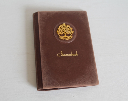 Preview: Stammbuch "LEBENSBAUM-VINTAGE" aus braunem Nappaleder mit goldenem Schrift